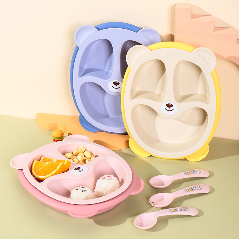 S42-XJ-8333 Bamboo Fiber Sea Otter Children's Plate, Double Plate with fork and spoon, 5-piece Cartoon hippopotamus plate Item Picture