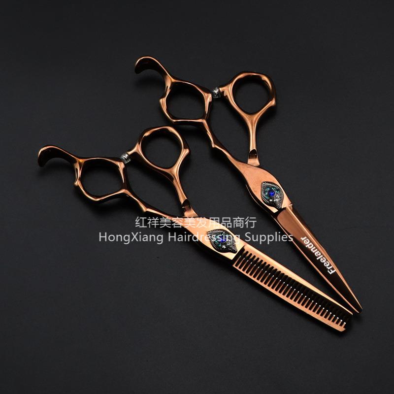 6.0 "bronzing gold feather gem Hair scissors Hair scissors Flat cut bangs scissors Teeth scissors thin