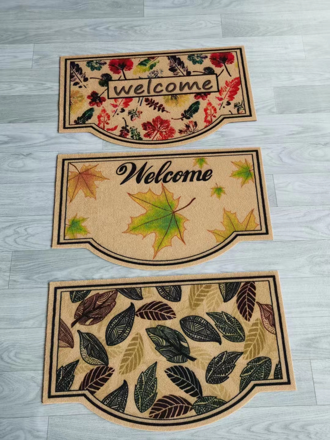 The thickness dimensions of the thin PVC base imitation shape coconut palm printed floor mat, rubbing mat, door mat, foot mat, indoor mat, household mat and mud scraper mat are 38*58/43*73/58*88cm Specification drawing