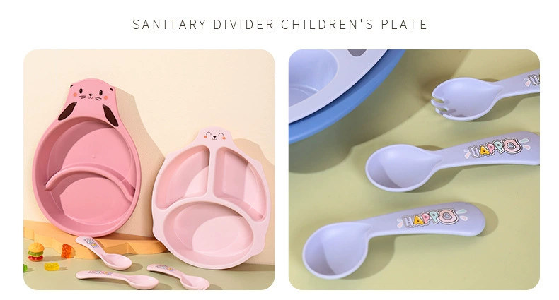 S42-XJ-8333 Bamboo Fiber Sea Otter Children's Plate, Double Plate with fork and spoon, 5-piece Cartoon hippopotamus plate detail image 17