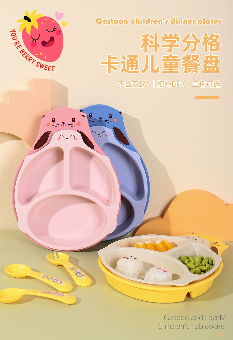 S42-XJ-8333 Bamboo Fiber Sea Otter Children's Plate, Double Plate with fork and spoon, 5-piece Cartoon hippopotamus plate detail image 6