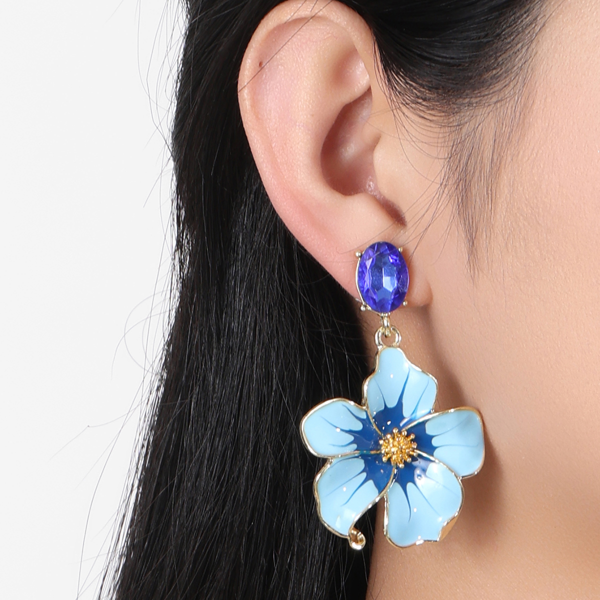 New European and American fashionable, simple and elegant floral trendy women's alloy oil drip and diamond set peach blossom women's earrings cross-border jewelry