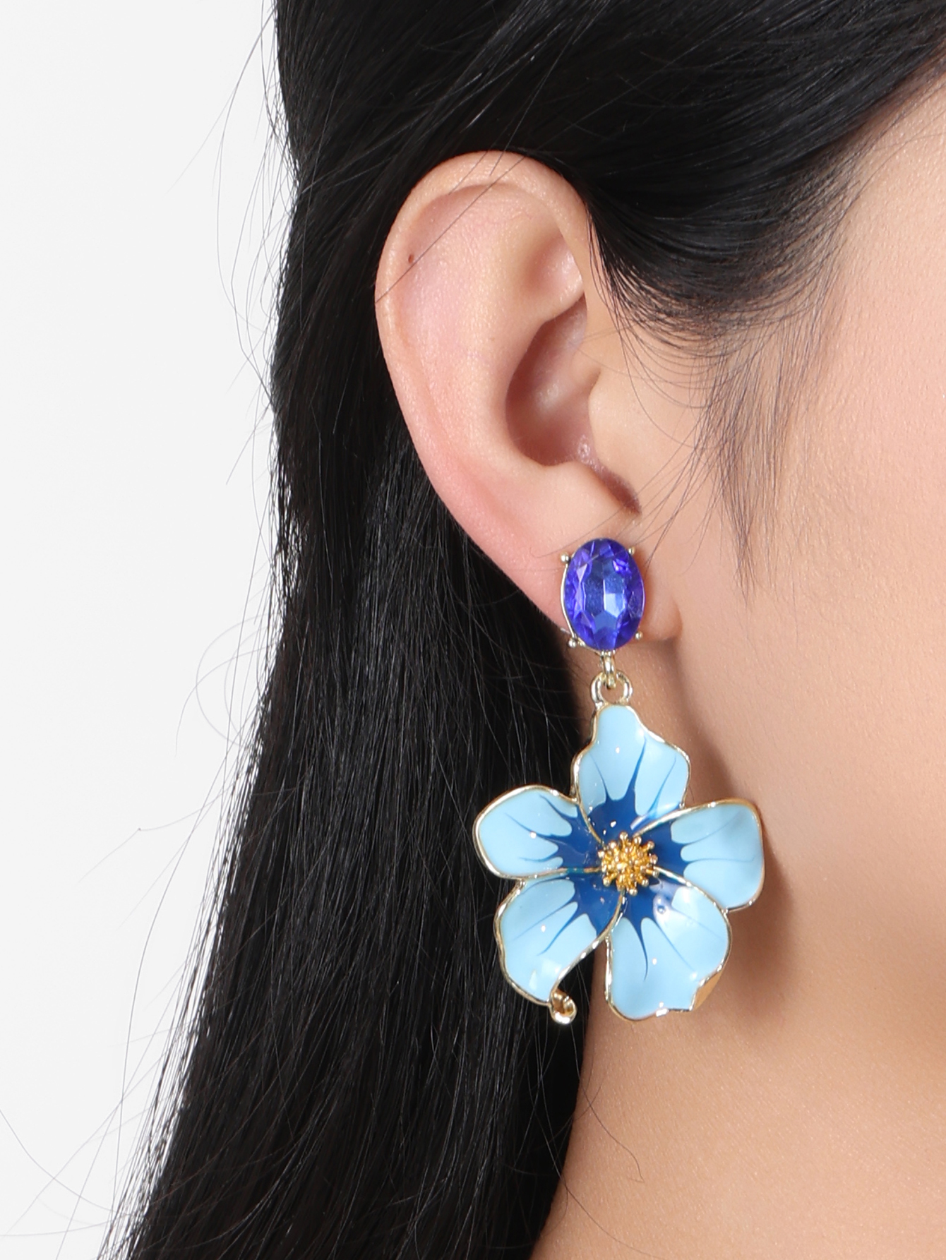 New European and American fashionable, simple and elegant floral trendy women's alloy oil drip and diamond set peach blossom women's earrings cross-border jewelry Specification image