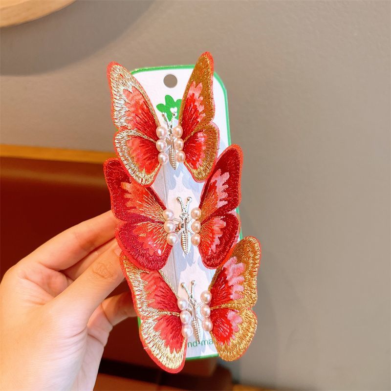 喜庆中国风遥一遥蝴蝶发夹 大红刺绣蝴蝶发饰详情图3