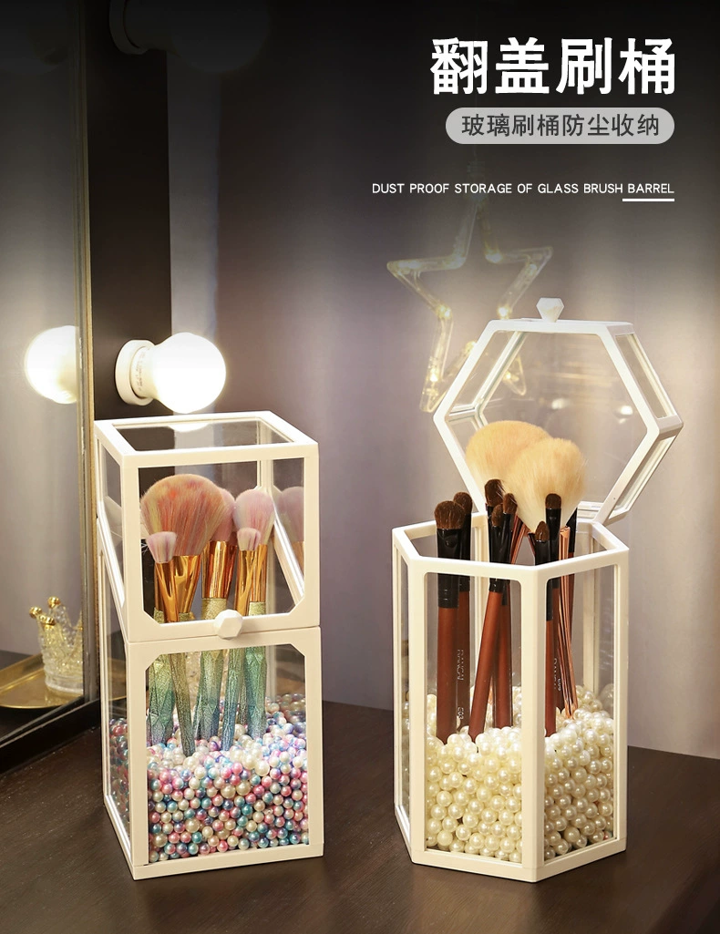 T38-W0152 Makeup brush storage holder, dust-proof cover, glass table, cosmetics and grooming box, light luxury ins style detail image 1