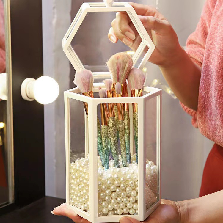 T38-W0152 Makeup brush storage holder, dust-proof cover, glass table, cosmetics and grooming box, light luxury ins style details Picture