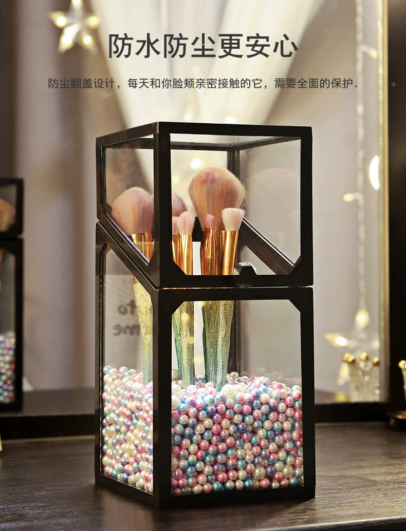 T38-W0152 Makeup brush storage holder, dust-proof cover, glass table, cosmetics and grooming box, light luxury ins style detail image 6