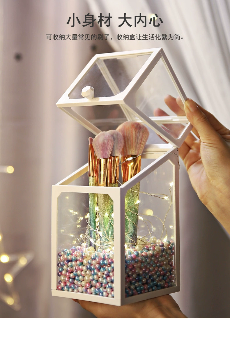 T38-W0152 Makeup brush storage holder, dust-proof cover, glass table, cosmetics and grooming box, light luxury ins style detail image 11