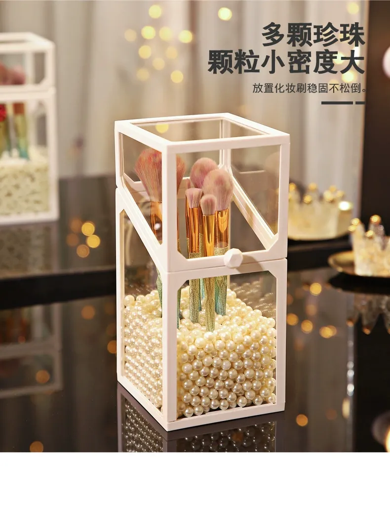 T38-W0152 Makeup brush storage holder, dust-proof cover, glass table, cosmetics and grooming box, light luxury ins style detail image 4