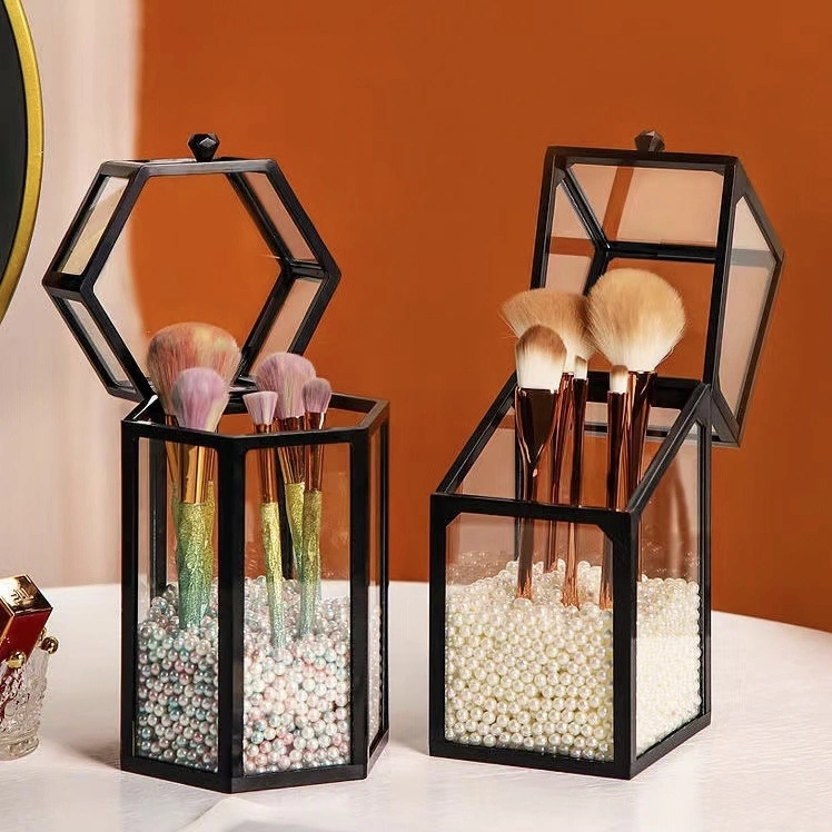 T38-W0152 Makeup brush storage holder, dust-proof cover, glass table, cosmetics and grooming box, light luxury ins style detail image 5