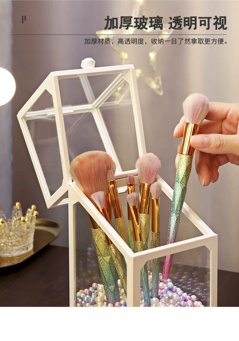 T38-W0152 Makeup brush storage holder, dust-proof cover, glass table, cosmetics and grooming box, light luxury ins style detail image 7