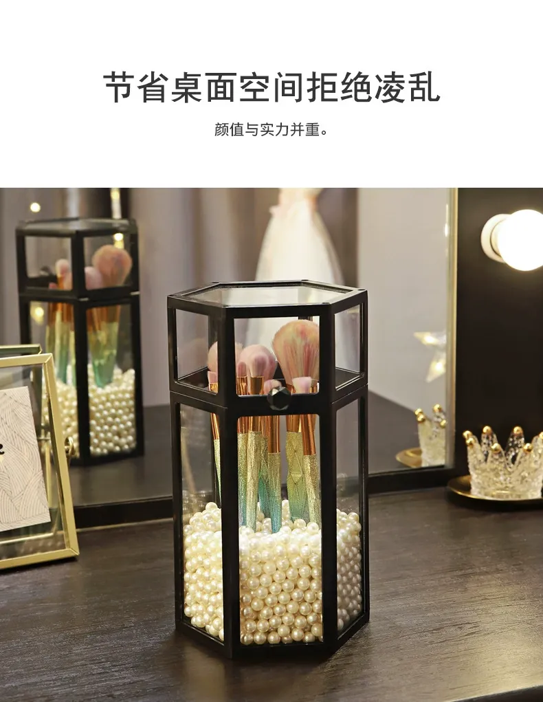 T38-W0152 Makeup brush storage holder, dust-proof cover, glass table, cosmetics and grooming box, light luxury ins style detail image 8