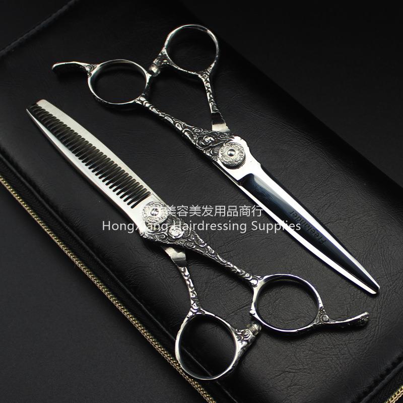 6.0 inch high grade carved handle Big Samurai flat scissors Teeth scissors barber scissors thin scissors
