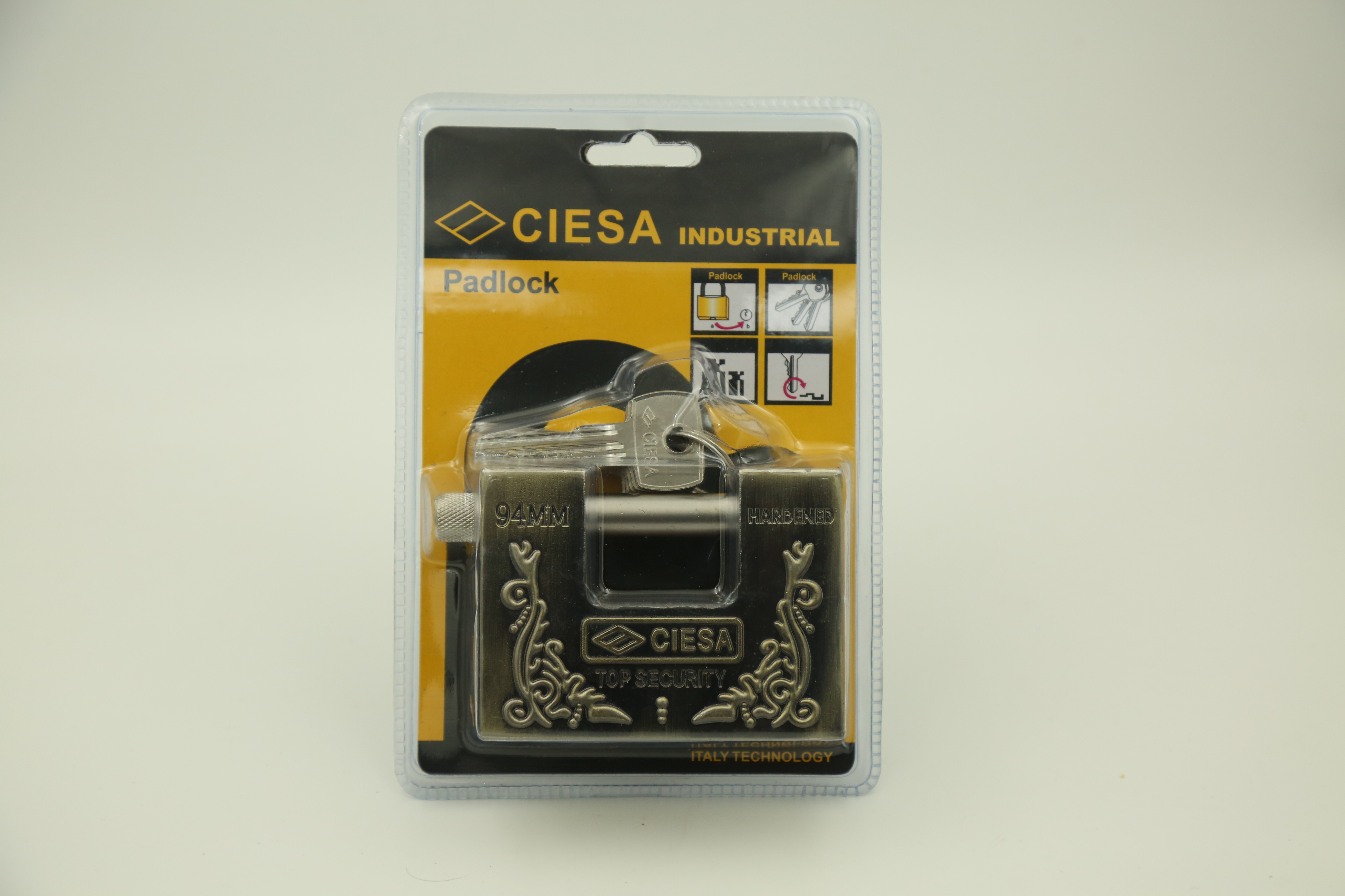 94 alloy antique bronze patterned rectangular padlock, double bubble packaging Specification image