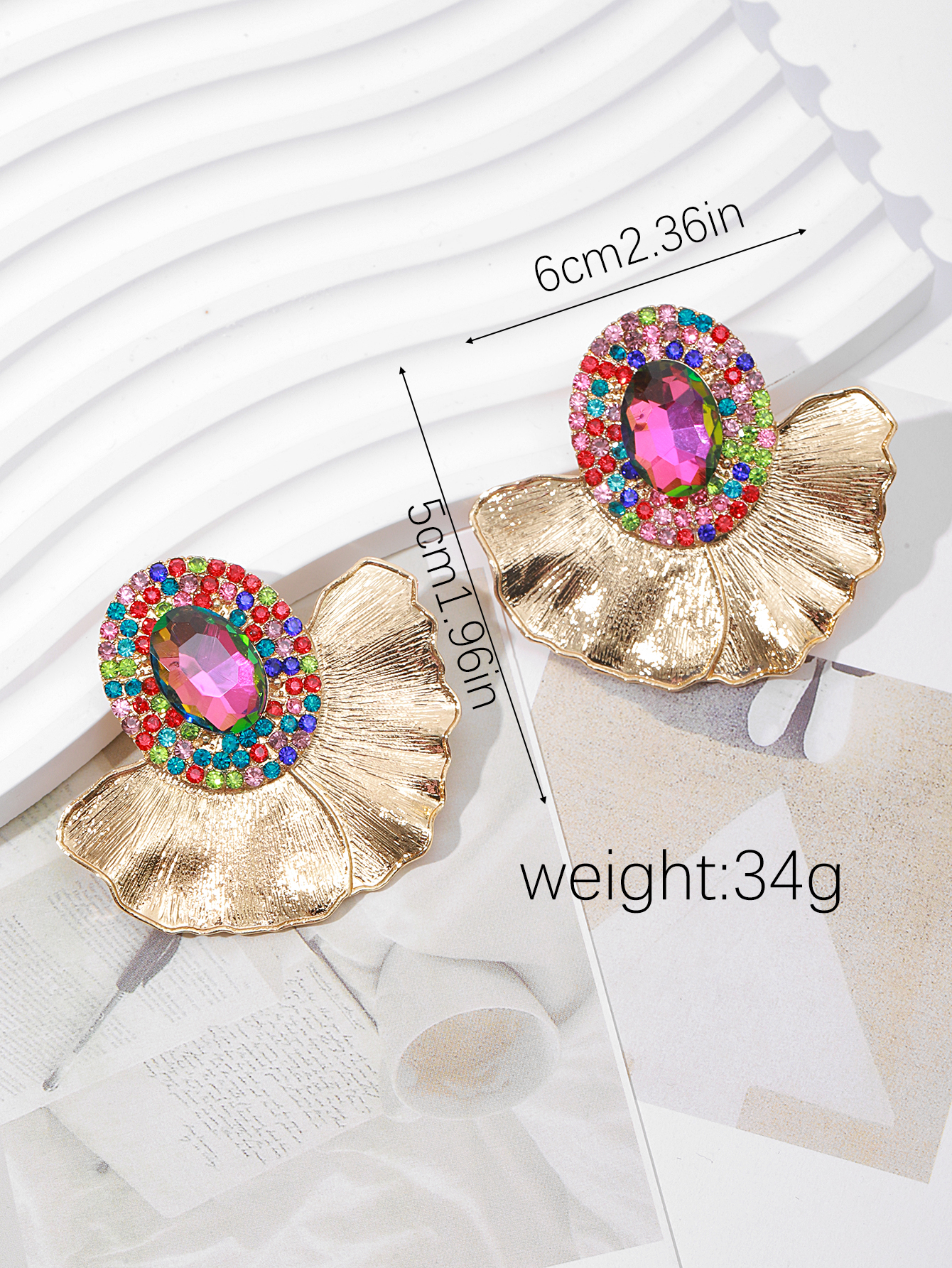 European and American exaggerated earrings, leaf and flower earrings, oval simple and individual, colorful fan-shaped glass diamond-encrusted alloy ladies' earrings Specification image