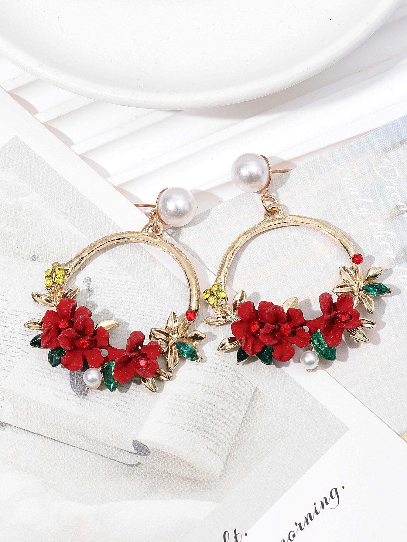 The sweet soft clay pearl women's stud earrings with the same flower-shaped design as the Korean Instagram influencer are a bestseller on AliExpress Item Picture
