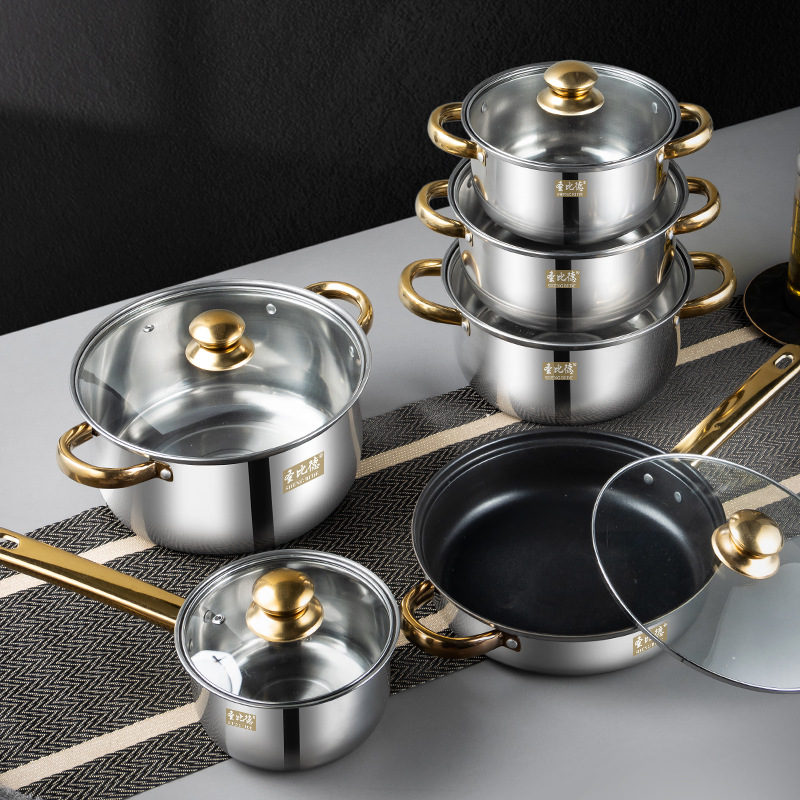 DF99090 Pearl cladding 12-piece set Stainless steel 12-piece set Gold handle set Non-stick frying pan Kettle Wholesale DF Trading House details Picture