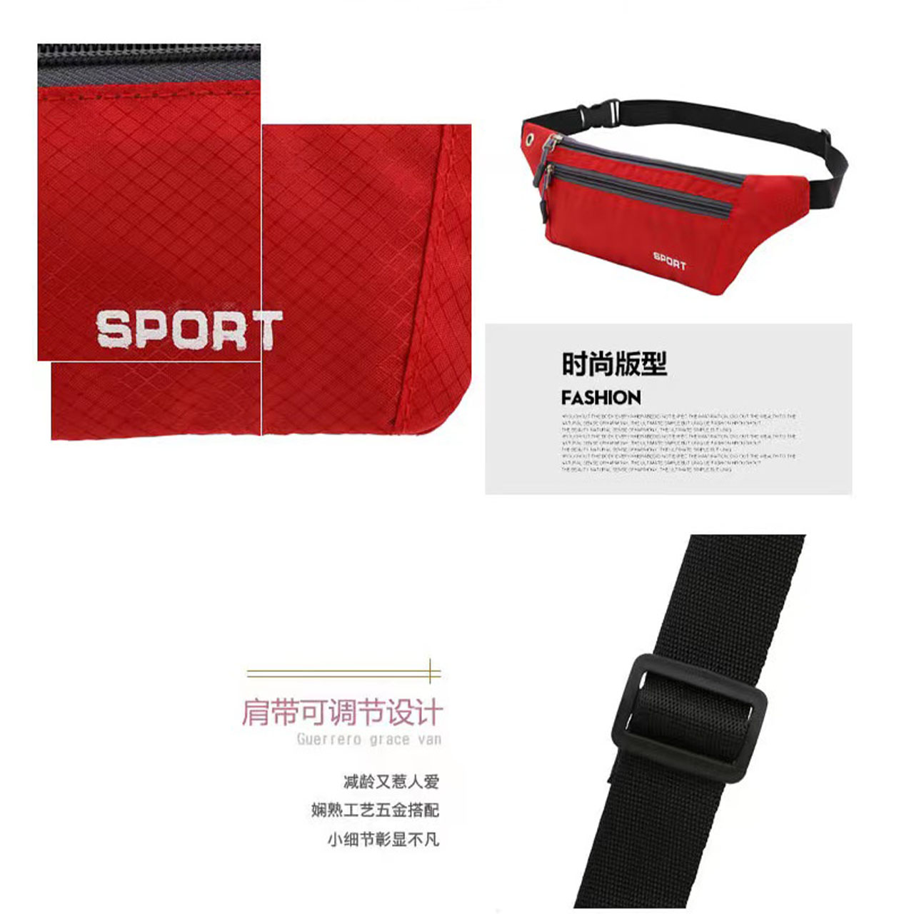 Outdoor sports three-zipper close-fitting large-capacity, high-elasticity sports waist bag, running phone belt, key, water cup, fitness phone bag Specification image