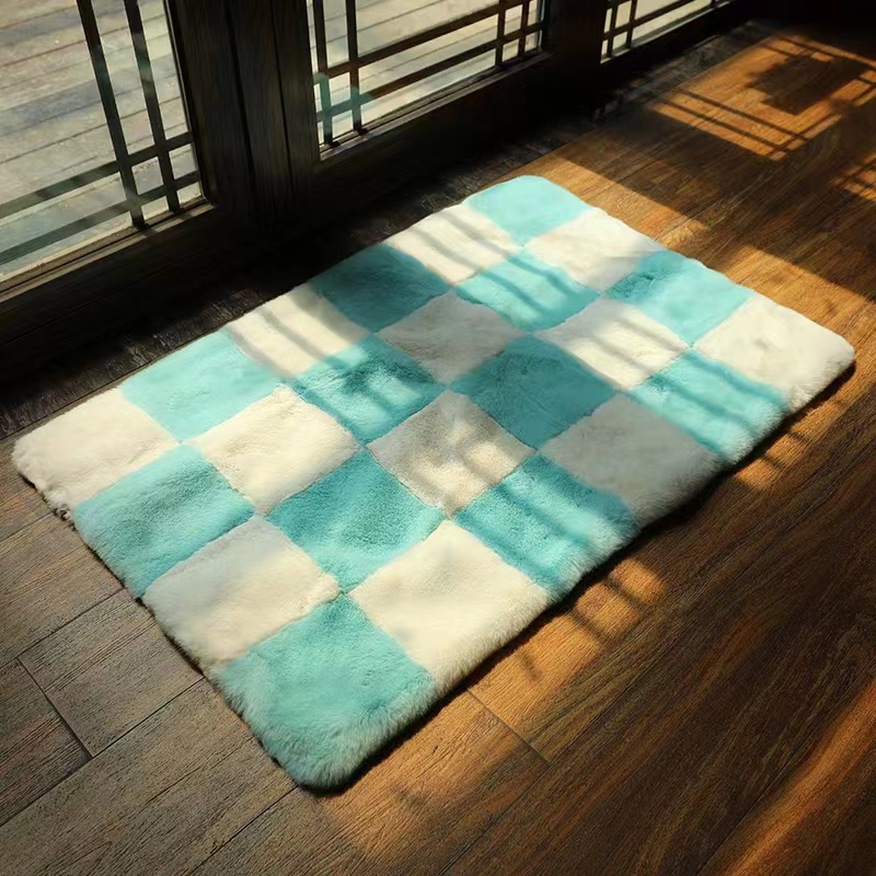 Imitation rabbit fur two-color patchwork checkered carpet, floor mat, floor mat, bay window mat, living room mat, bedside mat, anti-slip mat, door mat. Available in multiple colors. Size: 60*90CM Specification drawing