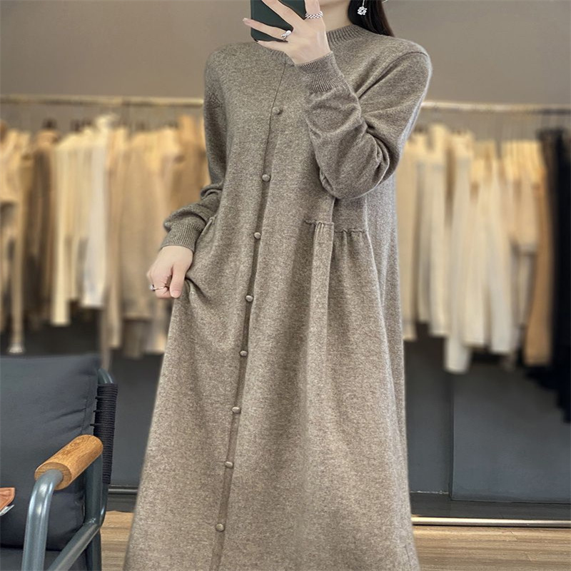 23 Autumn And Winter New Amazon Europe And The United States Polo Collar Bottom Knit Long Skirt Loose Size Solid Color Women's Dress