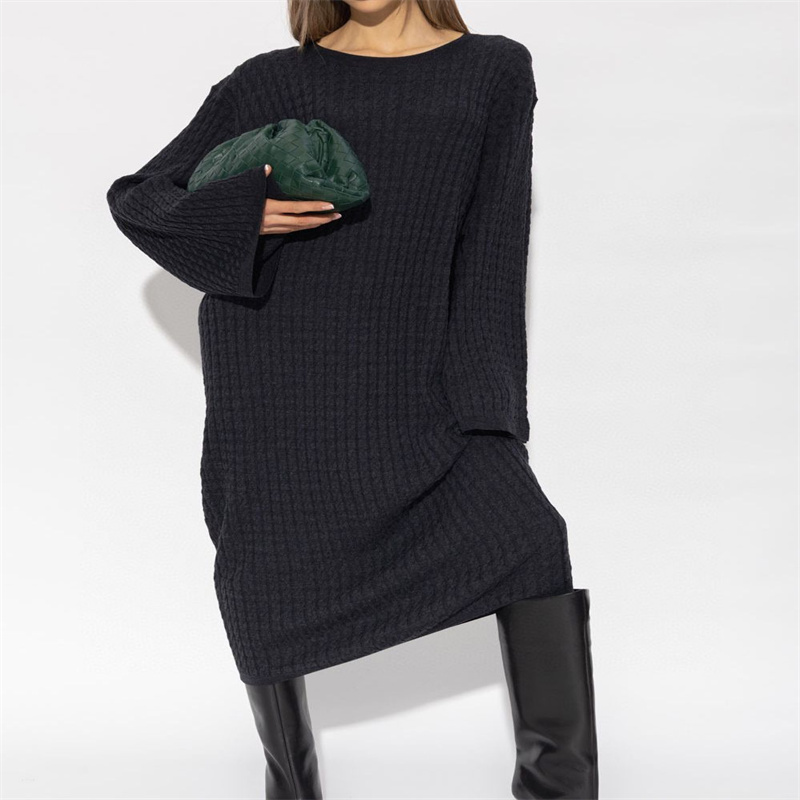 23秋冬新款亚马逊欧美Polo领打底针织长裙宽松大码纯色女士连衣裙.