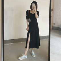 2021年夏装女赫本风可盐可甜小个子短款黑色方口裙子泡泡袖连衣裙620
