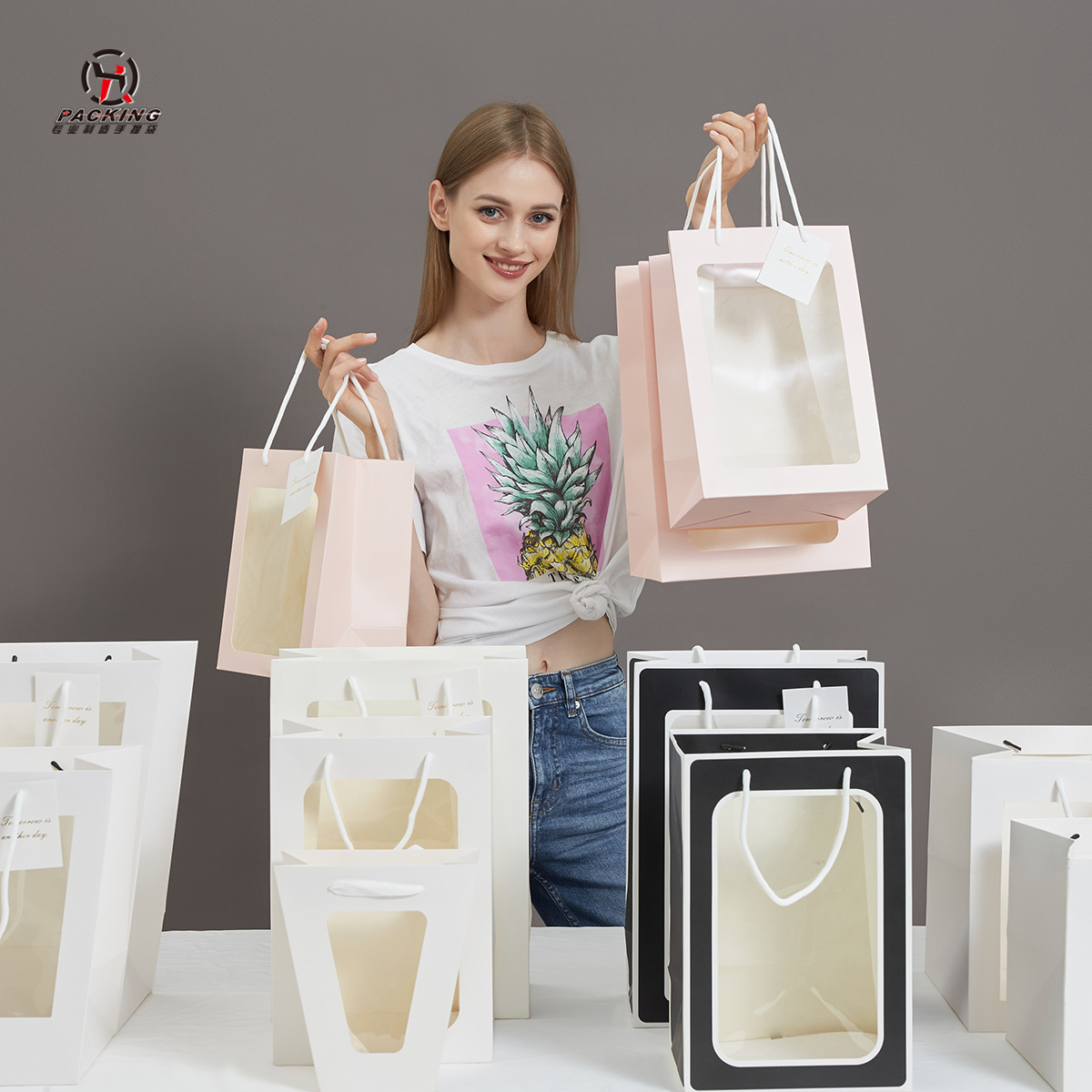 Net red window transparent tote bag bouquet bag Gift bag Birthday return bag Window paper bag wholesale 282