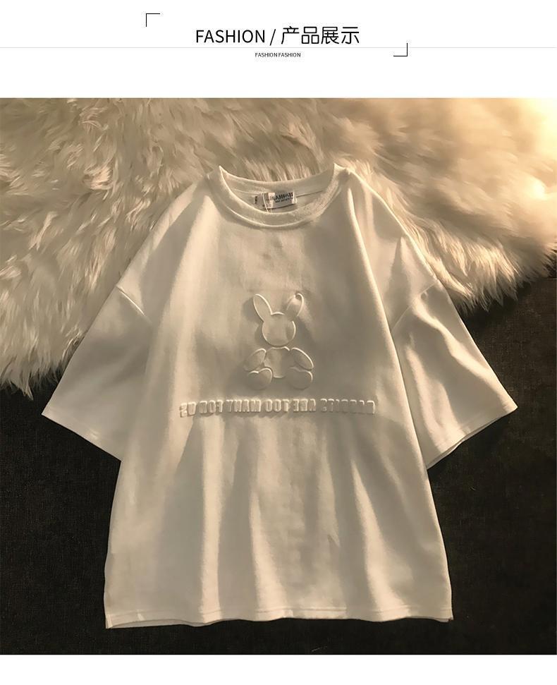 Half sleeve 2021 summer new blue T-shirt rabbit design sense of niche women's long short sleeve loose top 697 Application Scenario