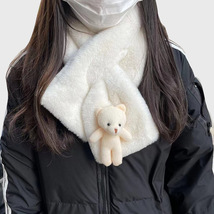 小熊围巾韩版冬季新款加厚保暖可爱卡通少女百搭交叉白色毛绒围脖954