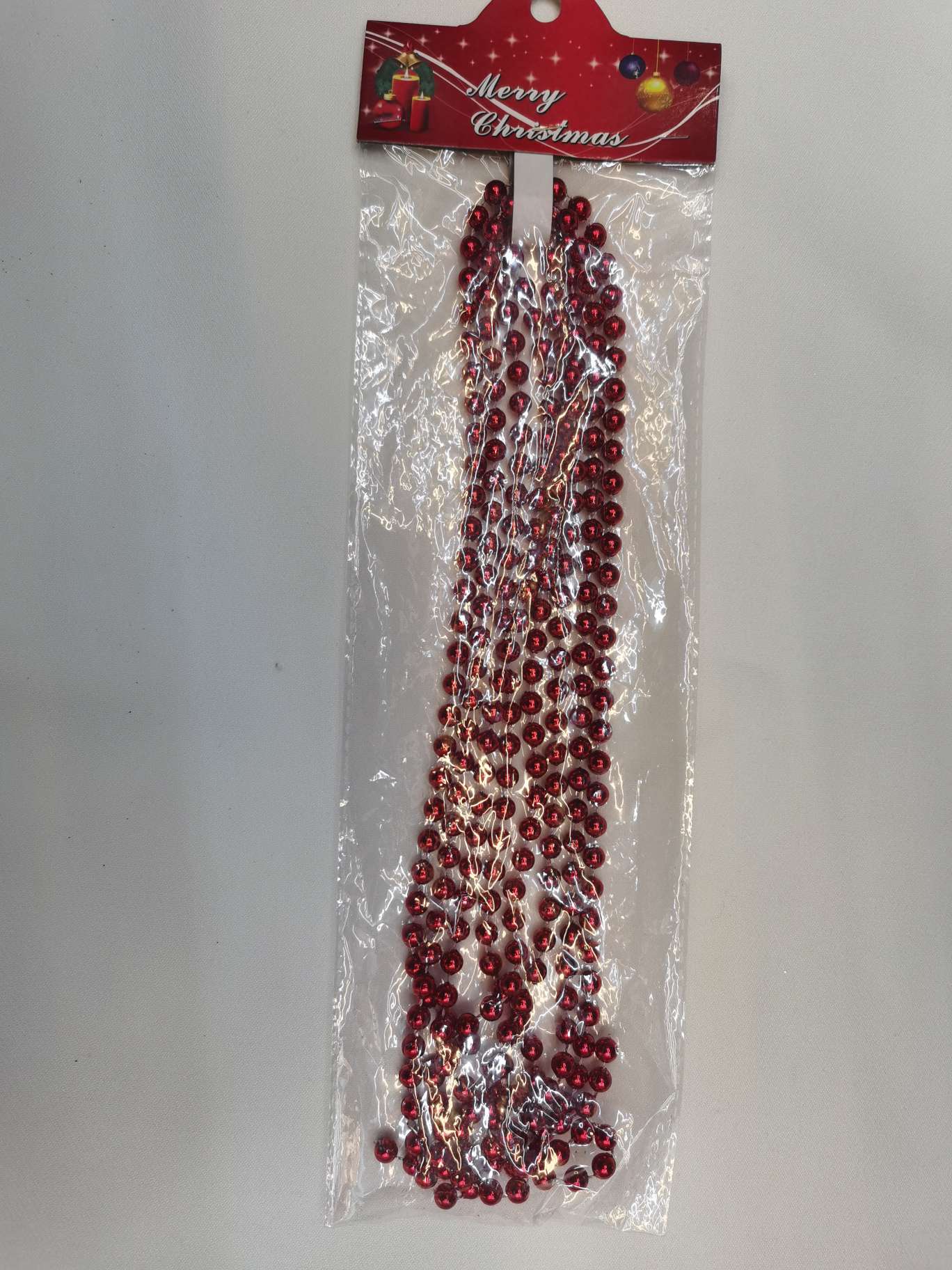 Christmas decorative bead chain bag packaging, 8mm 1.8m / 2.7m. Colors: gold, silver, red, blue, green, rose red. Complete sizes available. Colors can be mixed or packaged separately Specification image