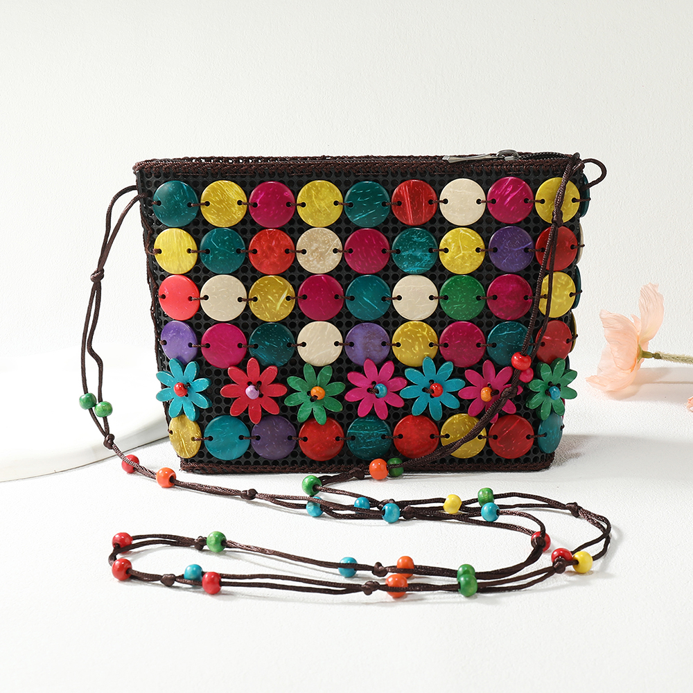 新款时尚 波西米亚 民族风 纯手工椰壳串珠花朵手机包包 福椰-