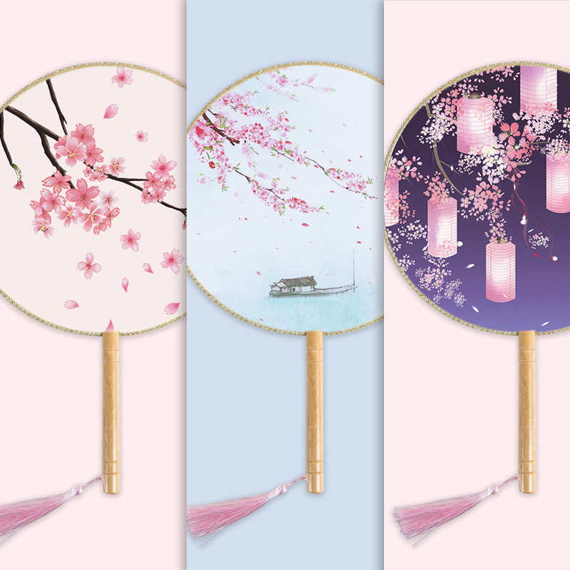 Ancient style wooden handle group fan Translucent Hanfu Group fan Palace fan Silk silk round fan Photography Group fan 782