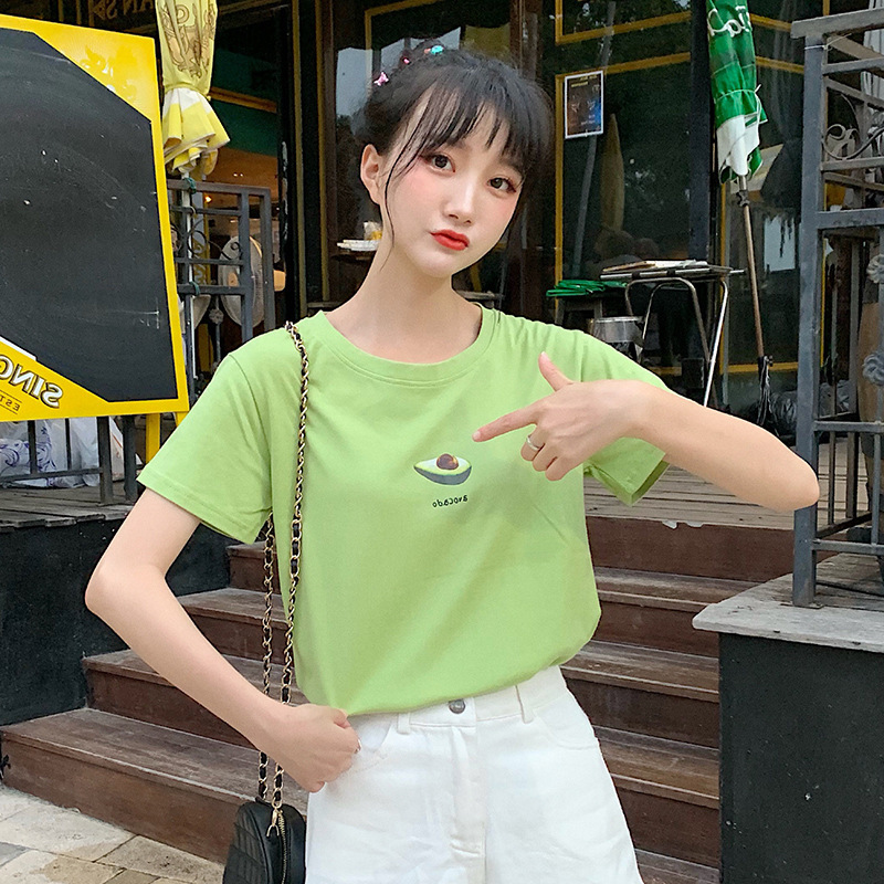 Net red avocado green short-sleeved T-shirt women 2020 summer new student class clothes loose Korean version of all fruit T-shirt 376 full figure