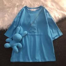 半袖2021夏季新款蓝色t恤兔子设计感小众女装中长款短袖宽松上衣697