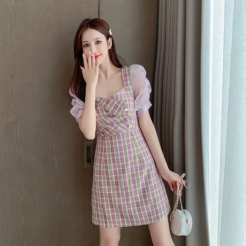 Cheongsam elegant pink plaid dress 2021 summer new vintage square collar bubble sleeve temperament dress for women 37