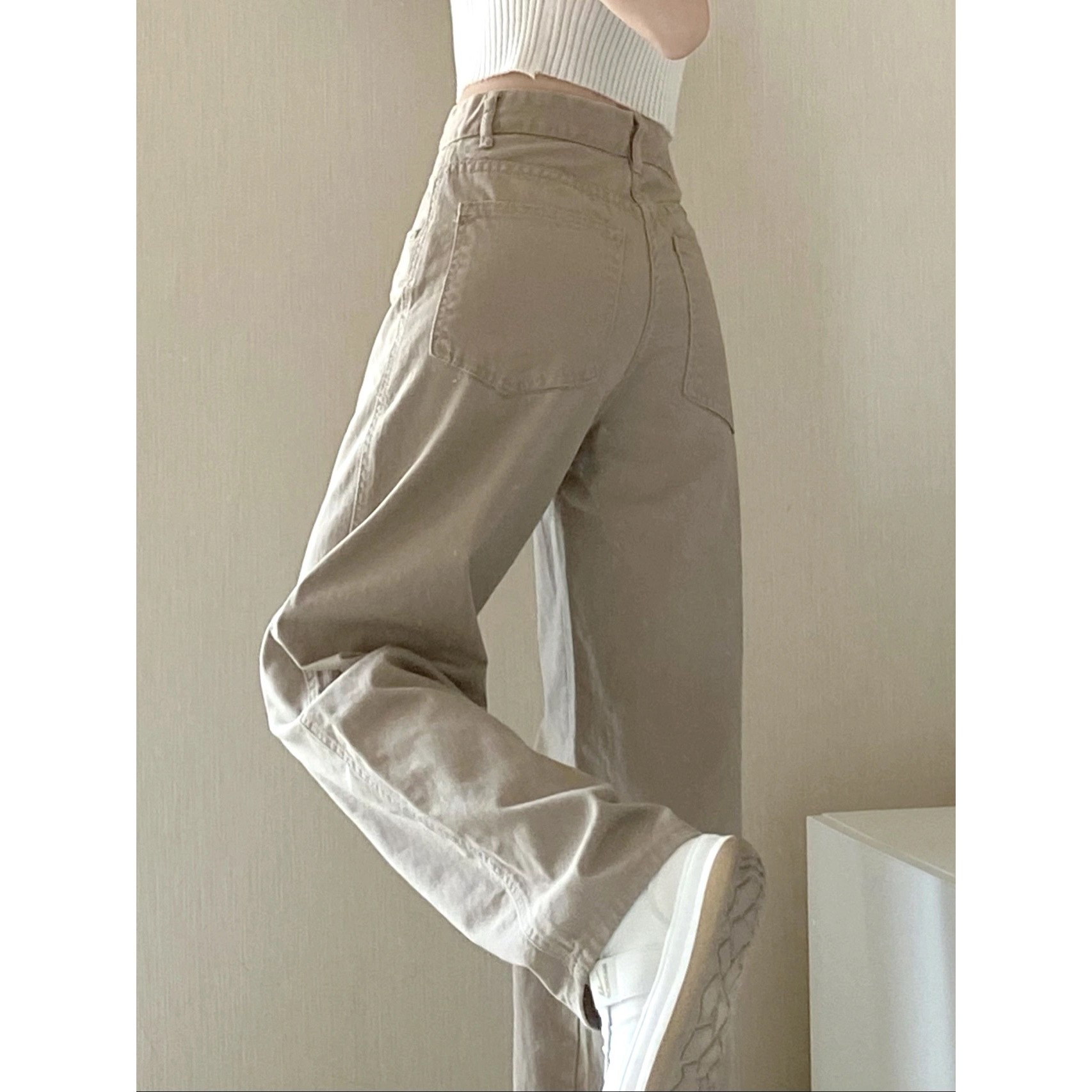 2023 spring/summer new khaki straight leg wide-leg jeans for women look thin look high loose high waist mop plus trousers 73