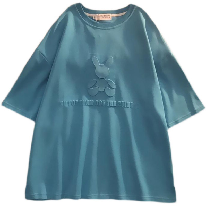 Half sleeve 2021 summer new blue T-shirt rabbit design sense of niche women's long short sleeve loose top 697 Item Picture