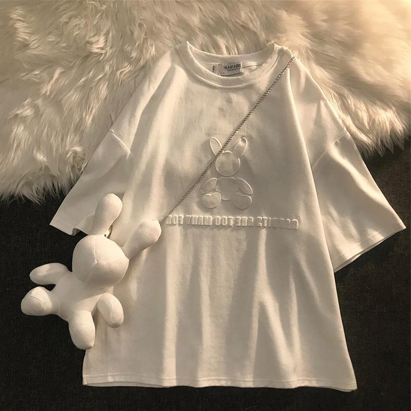 Half sleeve 2021 summer new blue T-shirt rabbit design sense of niche women's long short sleeve loose top 697 details Picture