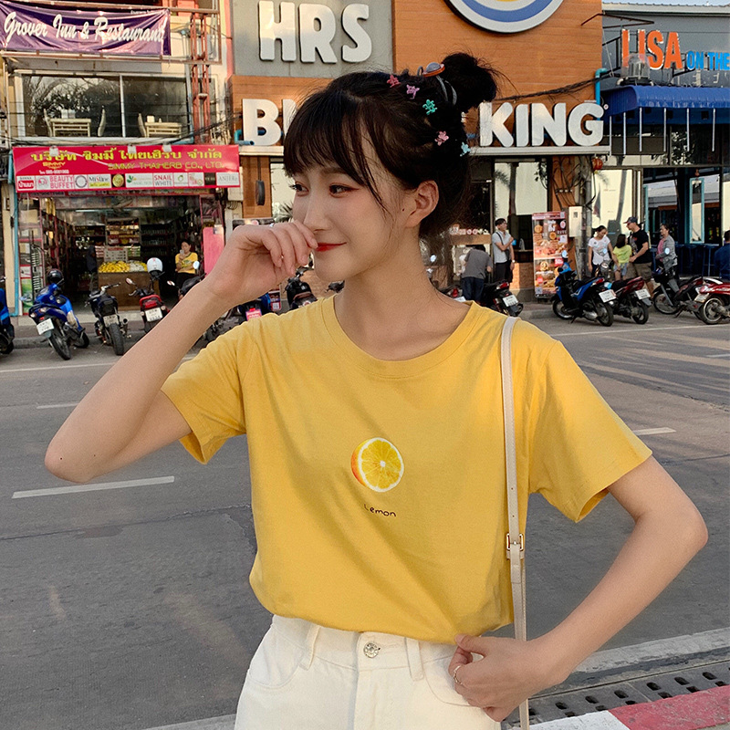 Net red avocado green short-sleeved T-shirt women 2020 summer new student class clothes loose Korean version of all fruit T-shirt 376 Specification drawing