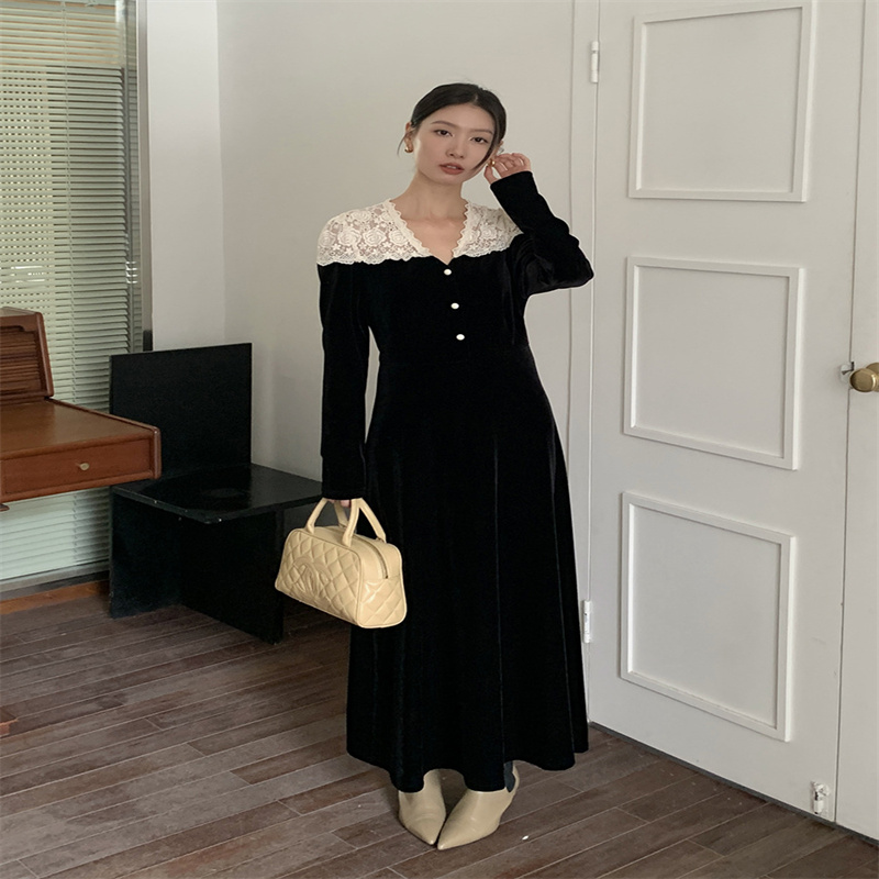 23秋冬新款亚马逊欧美Polo领打底针织长裙宽松大码纯色女士连衣裙7/8432