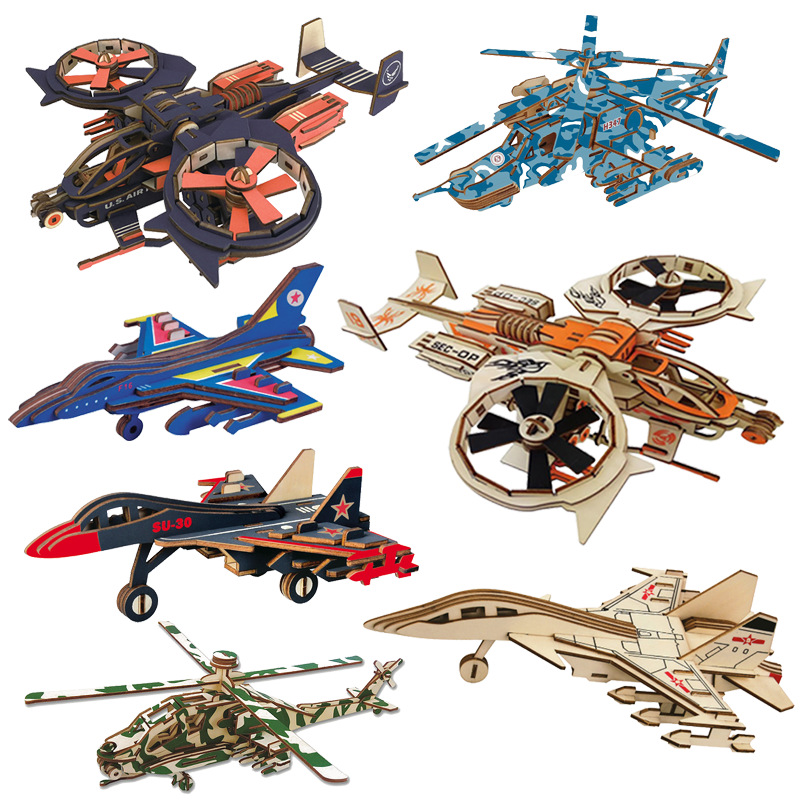 Stall source Children's wooden puzzle stereoscopic 3d toy model boy benefits the brain to assemble aircraft building blocks 318 full figure