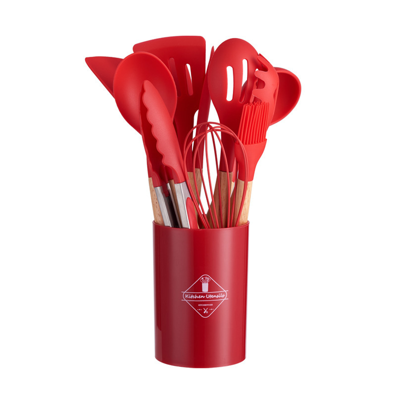 DF68086 Cooking Spoon and Spatula Set Wooden Handle Silicone Kitchenware Set 12-piece set Storage bucket Non-stick spatula and spatula Cooking Kitchenware 11-piece set silicone DF Trading House Specification image