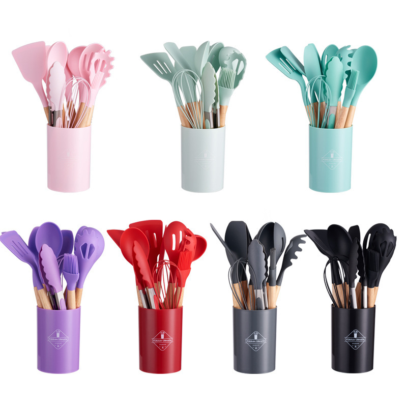 DF68086 Cooking Spoon and Spatula Set Wooden Handle Silicone Kitchenware Set 12-piece set Storage bucket Non-stick spatula and spatula Cooking Kitchenware 11-piece set silicone DF Trading House details Picture