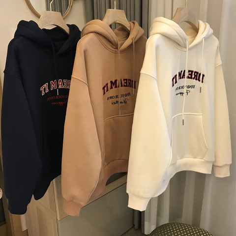 ins clear new wind autumn winter plus velvet thick hoodie female students loose tide lazy style design coat outside 738