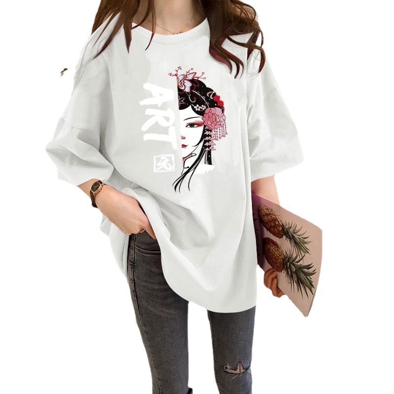 Summer Chinese style facial mask short sleeve T-shirt women's large size national trend half sleeve net red ins top women loose 342 Item Picture