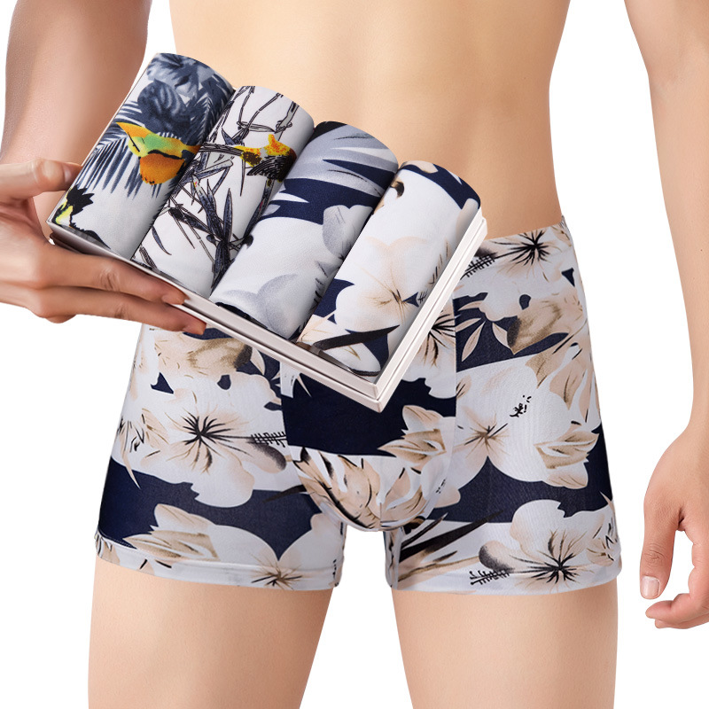 [Tiao Tiao Lion] [4 pieces] Men's boxer briefs embossed-style men's mid-waist printed trend underwear 867 full figure