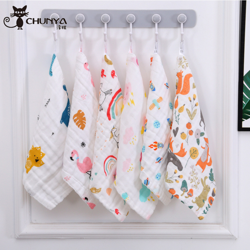 High-density cotton six-layer gauze square towel 25*25 cartoon printing absorbent soft baby garden children's towel saliva 418 Specification drawing