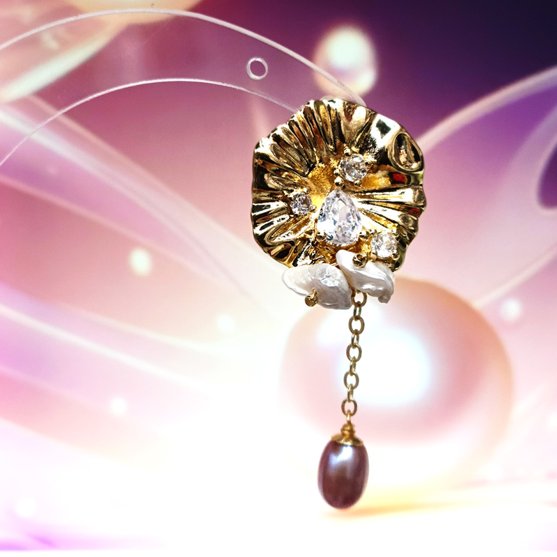 Yiwu Huibo Baodi 086032 Copper plated 14K gold rain lotus leaf Baroque pearl earrings full figure