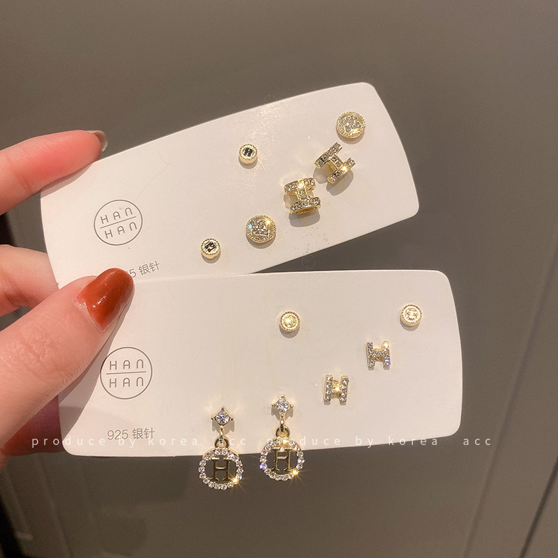 Silver needle inset diamond letter earrings six sets of South Korea simple and small fashion stud ins style niche earrings 143