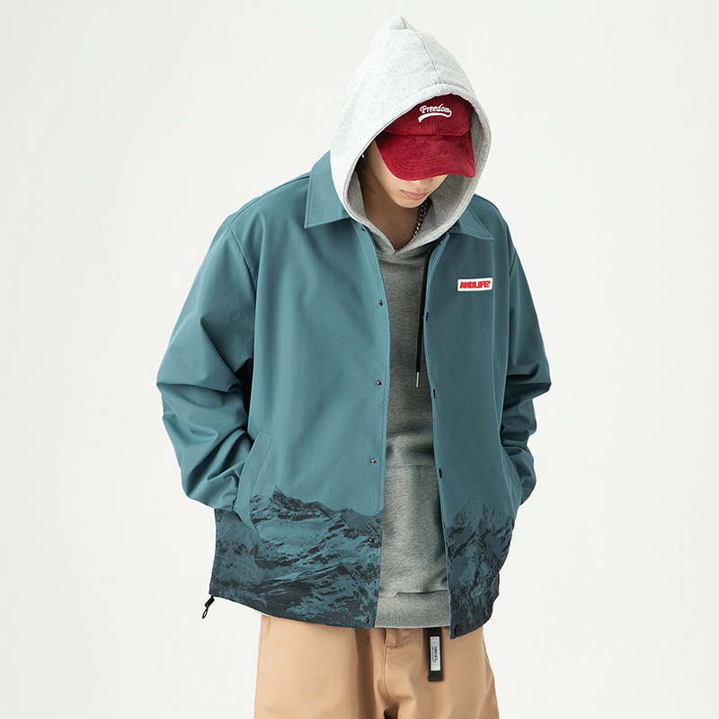 Hanlu Japanese men's clothing 2022 autumn new fashion coach clip male Ke snow mountain print loose casual coat q348 details Picture